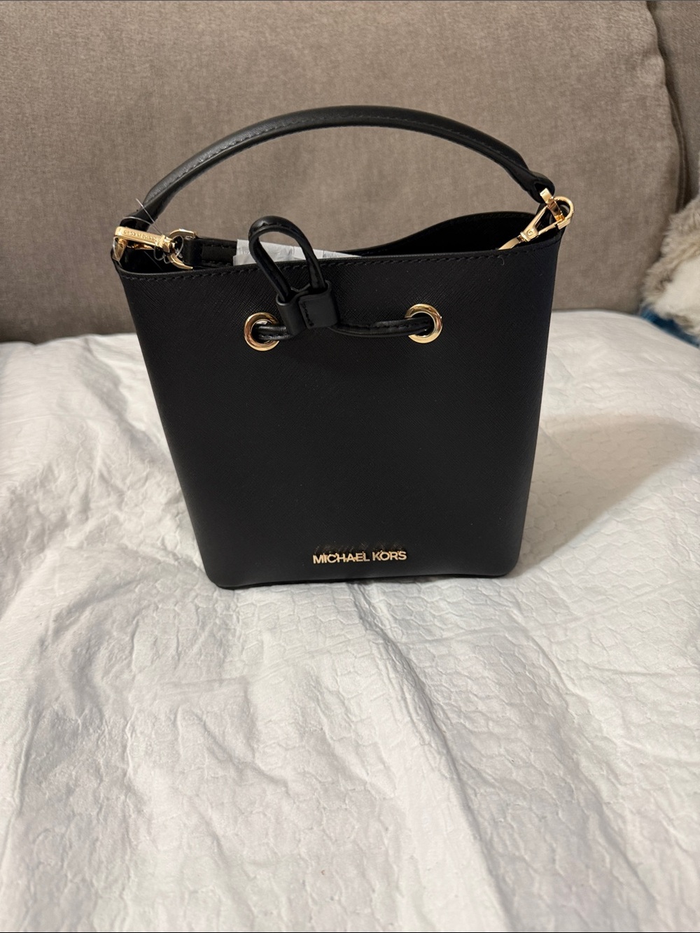 Michael Kors Black Saffiano Mini Bucket Bag with Gold Hardware